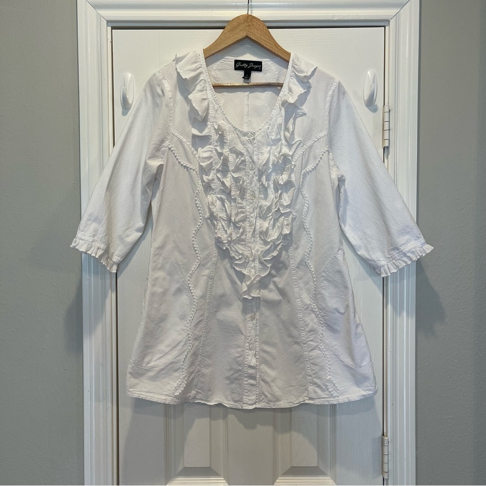 GRETTY ZUEGER Button Up Shirt Women’s L 3/4 Sleeve Ruffles Coastal Blouse Beach
